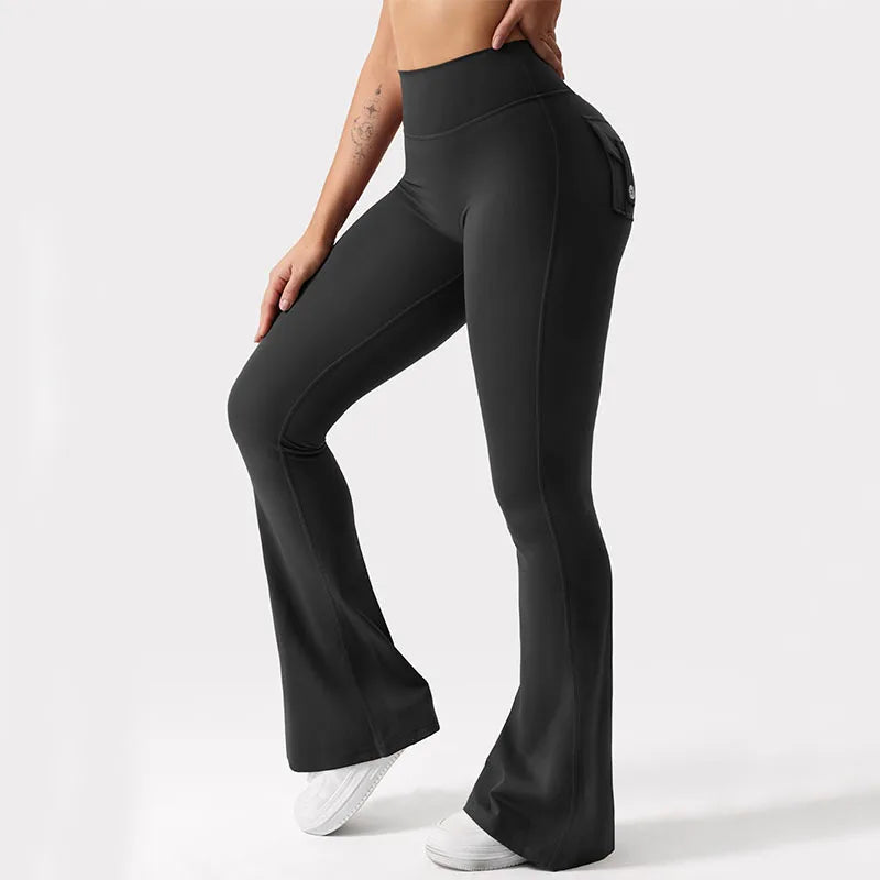 New women's casual flared yoga pants, training flared pants, high waisted work clothes, belt pocket sportswear