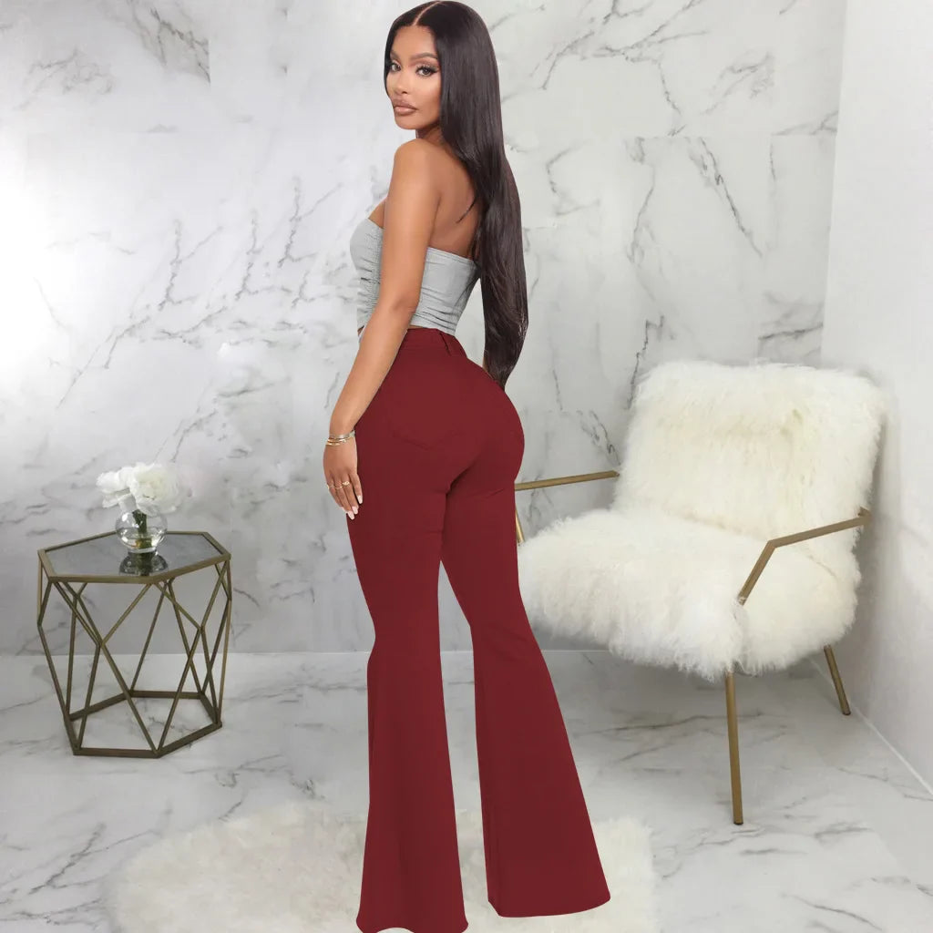 Women Jeans Flare Pants Sexy Denim Long Pant Hip Wrap Casual Solid Elegant Splice Regular Slim Fit High Waist Trousers Summer
