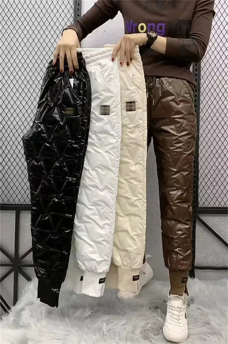 Winter Oversized Down Cotton Pencil Pants Warm Korean Fashion Slim Thick Women Pantalones Casual High Wais Black Trousers 4XL