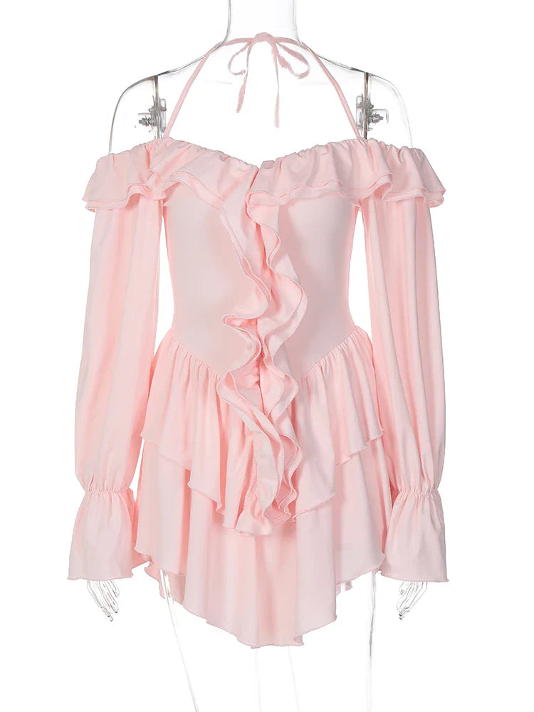 Dulzura Solid Pure Color Halter Ruffle Flare Sleeves Mini Dress 2024 Summer For Women Sexy Elegant Birthday Party Clubwear