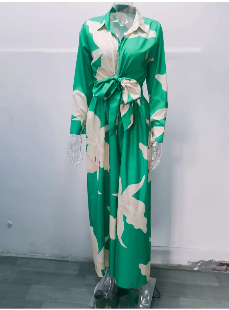 Autumn Winter Fashion V-neck Long Sleeve Elegant Blouse Print Lapel Top Women Solid Color Loose Casual Wide Leg Jumpsuit