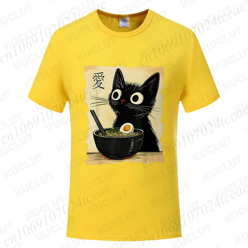 Funny Cat Ramen Graphic Tee Japanese Kawaii Anime Cat T-Shirt Fashion T-shirts Short Sleeve Clothes Trend Casual Unisex Tshirts