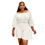 CM.YAYA Plus Size Women's Set Long Sleeve Slash Neck T-Shirt and Shorts 2025 Summer Ruched Two 2 Piece Set Outfits Tracksuit