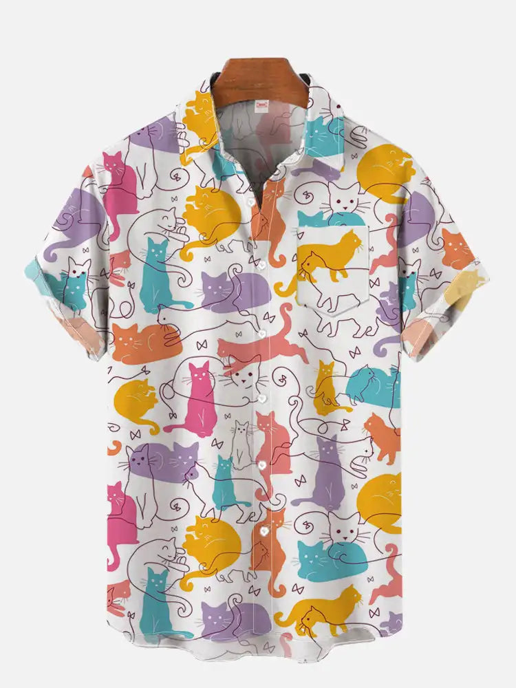 Men'S Cute Cat Printed Casual Shirt Daily Wear 3D Printing Classic Short Sleeve Fashion Hawaiian Shirts For Men Harajuku