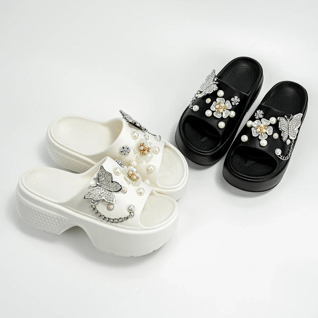Fashionable Silver Butterfly Flower One-Line Sandals Outdoor Thick-Soled Heightening Sandals E20