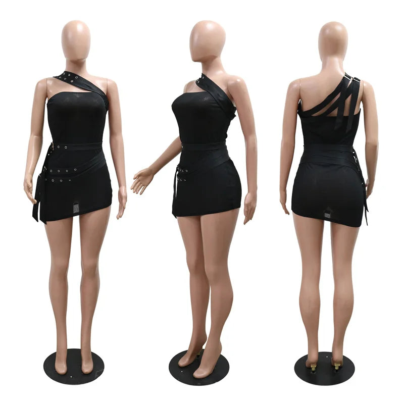 Summer Women Sleeveless Perspective Bodycon Sexy Night Club Mini Dress Inclined Collar Sashes Irregular Party Dress Black White