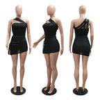 Summer Women Sleeveless Perspective Bodycon Sexy Night Club Mini Dress Inclined Collar Sashes Irregular Party Dress Black White