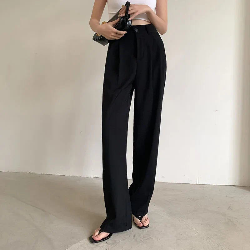 Summer Women's Draped Suit Pants Korean Style High-Waisted Button Casual Pants 2025 New Black White Baggy Office Lady Trousers
