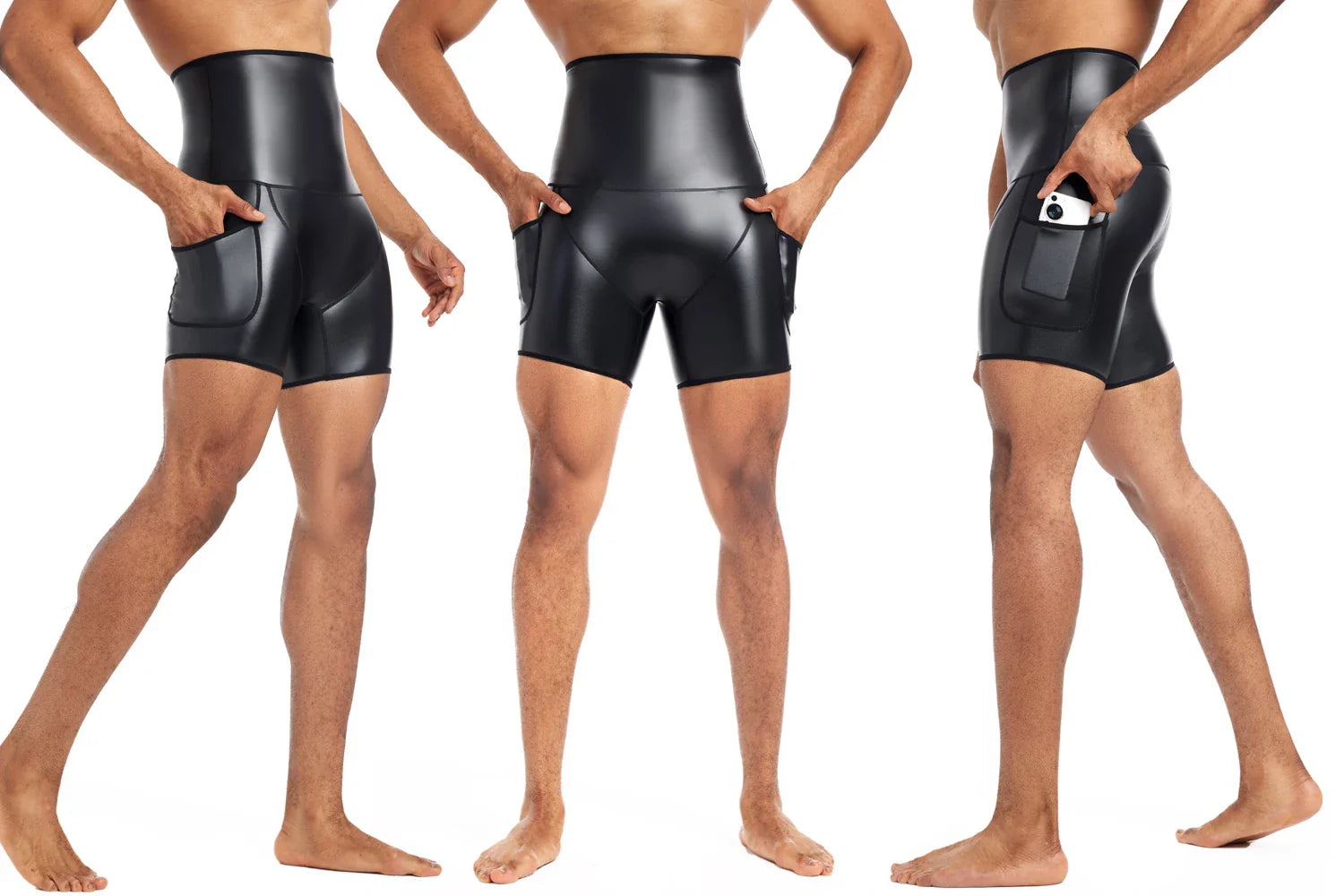 Men`s High Waist Shorts Street Runnings Sports Pants Hip Hop Pants Faux Leather Boxer Shorts Wet Look Shorts Slim Pants Clubwear