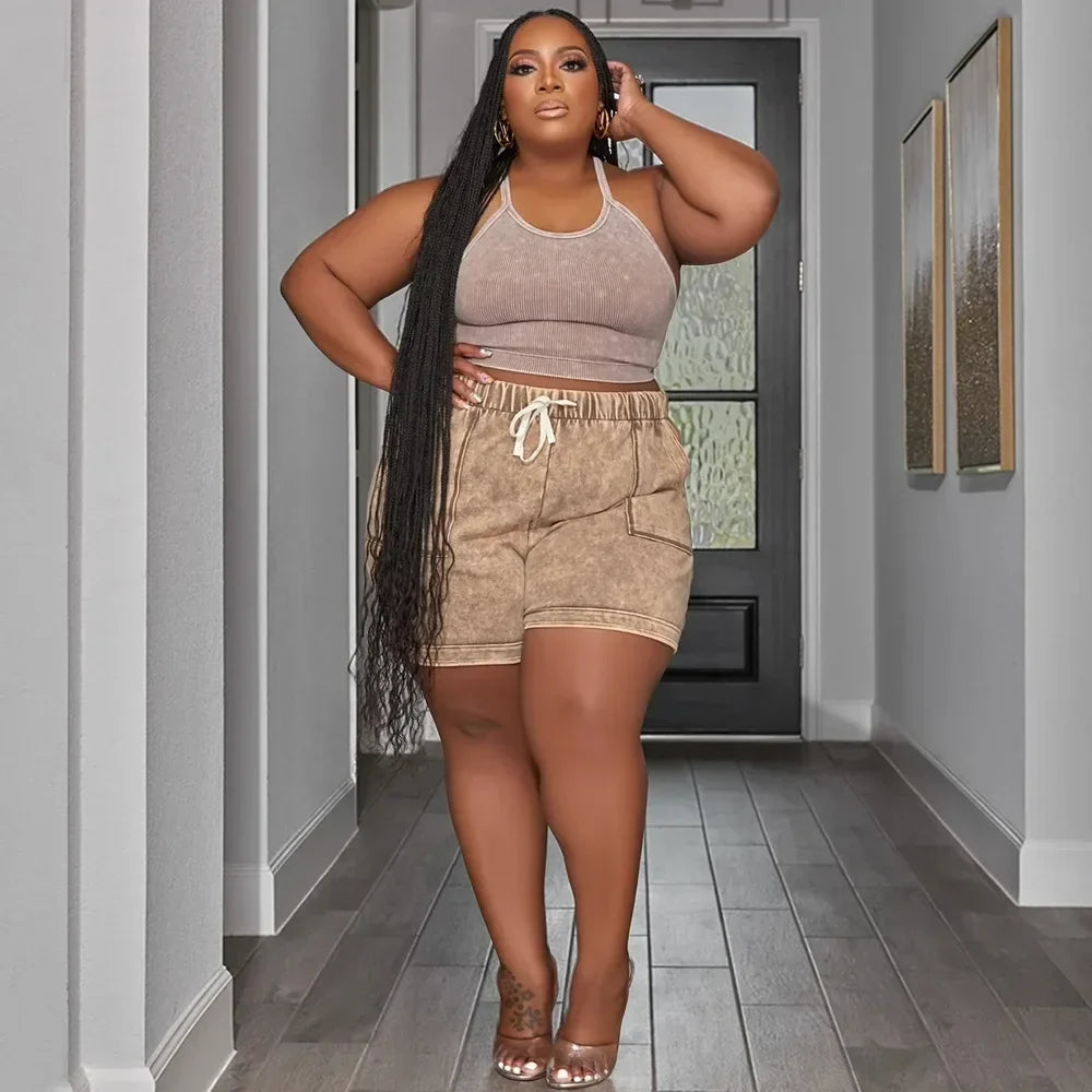 Waterarea Plus Size Women's Set Knit Ribbed Tank Top and Pocket Side Shorts Suit 2025 Summer INS Two 2 Piece Set OutfitTracksuit