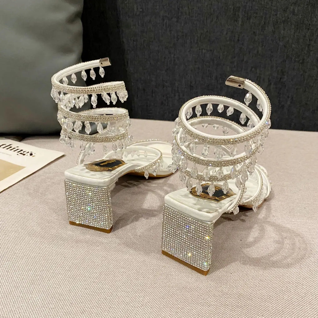 Xibeilove 2024 Summer Luxury Women Sandals Crystal Square Head Gold Rhinestone Snake Pattern High Heels Wedding Party Shoes