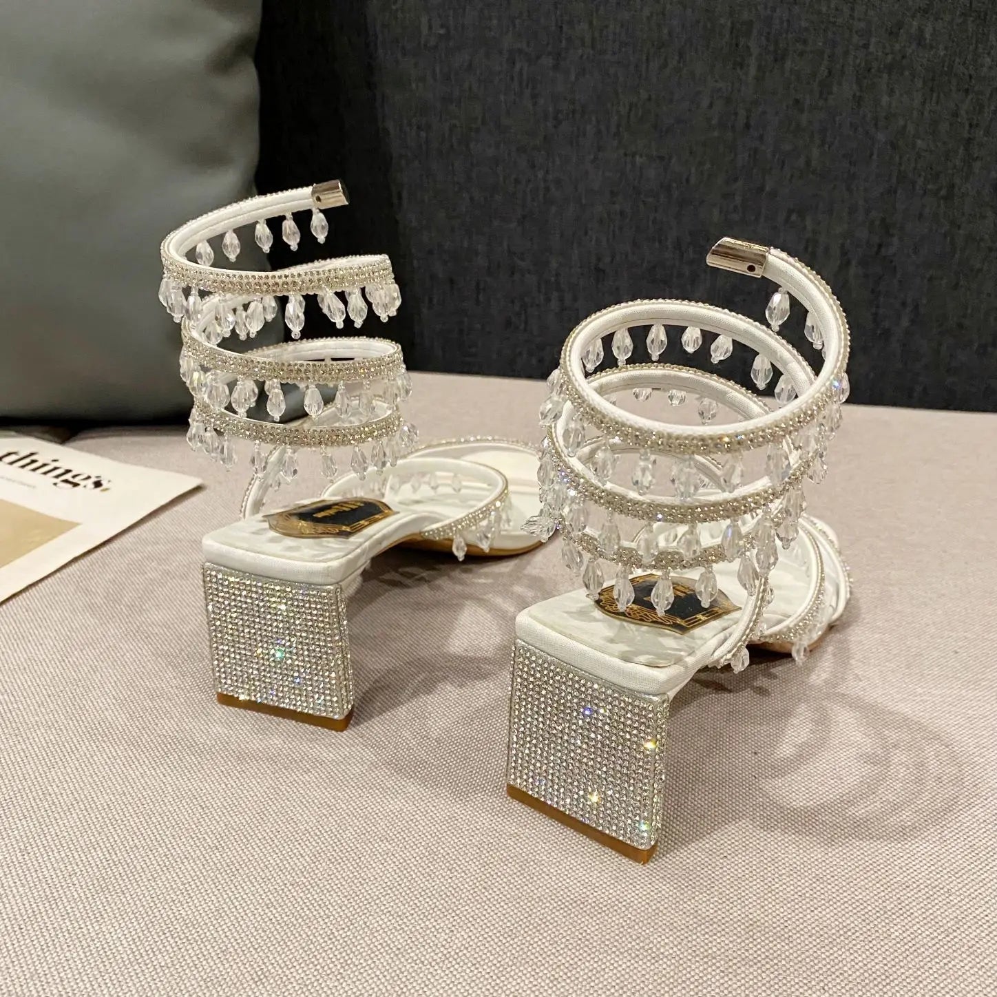 Xibeilove 2024 Summer Luxury Women Sandals Crystal Square Head Gold Rhinestone Snake Pattern High Heels Wedding Party Shoes