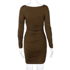 Elegant Square Collar Long Sleeves Folds Slim Bodycon Dress Women Solid Color Skinny Mini Dress Sexy Club Party Vestidos