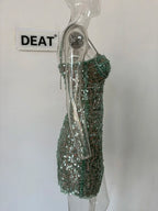 DEAT Heavy Industry Diamond Chain Pearl Suspender Dresses Women For Women 2024 Summer New Party Strap Dress Female 29L7707