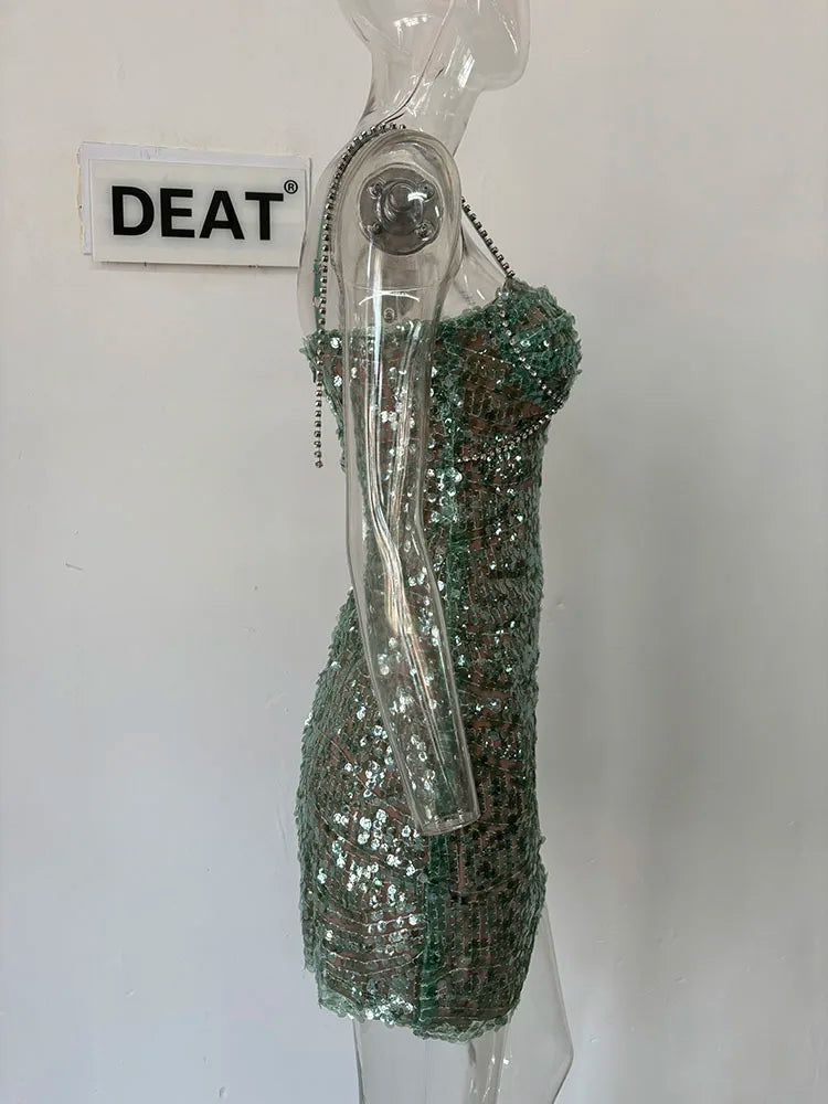 DEAT Heavy Industry Diamond Chain Pearl Suspender Dresses Women For Women 2024 Summer New Party Strap Dress Female 29L7707