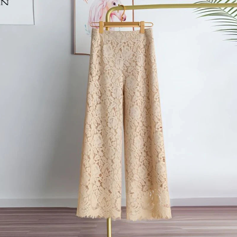 Lace Wide Leg Pants for Women 2025 New Bottoms Loose Straight Trousers High Waist Solid Color Temperament Summer Pantalon Femme