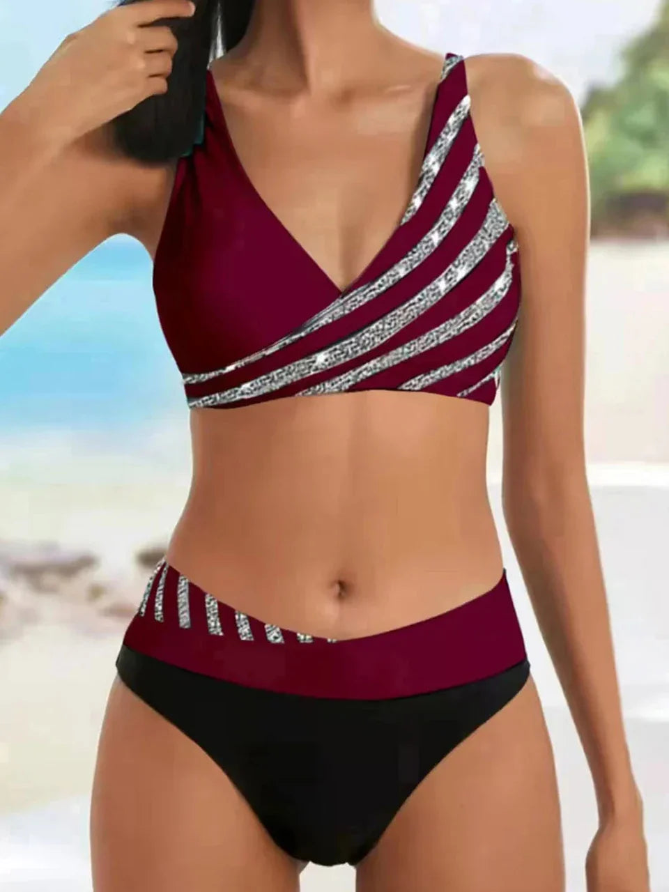 V Neck Bikini Set 2024 Women Stripe Print Patchwork Swimwear Summer Beachwear Swimsuit Female Bathers Bathing Swimming Suit 2XL