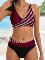 V Neck Bikini Set 2024 Women Stripe Print Patchwork Swimwear Summer Beachwear Swimsuit Female Bathers Bathing Swimming Suit 2XL