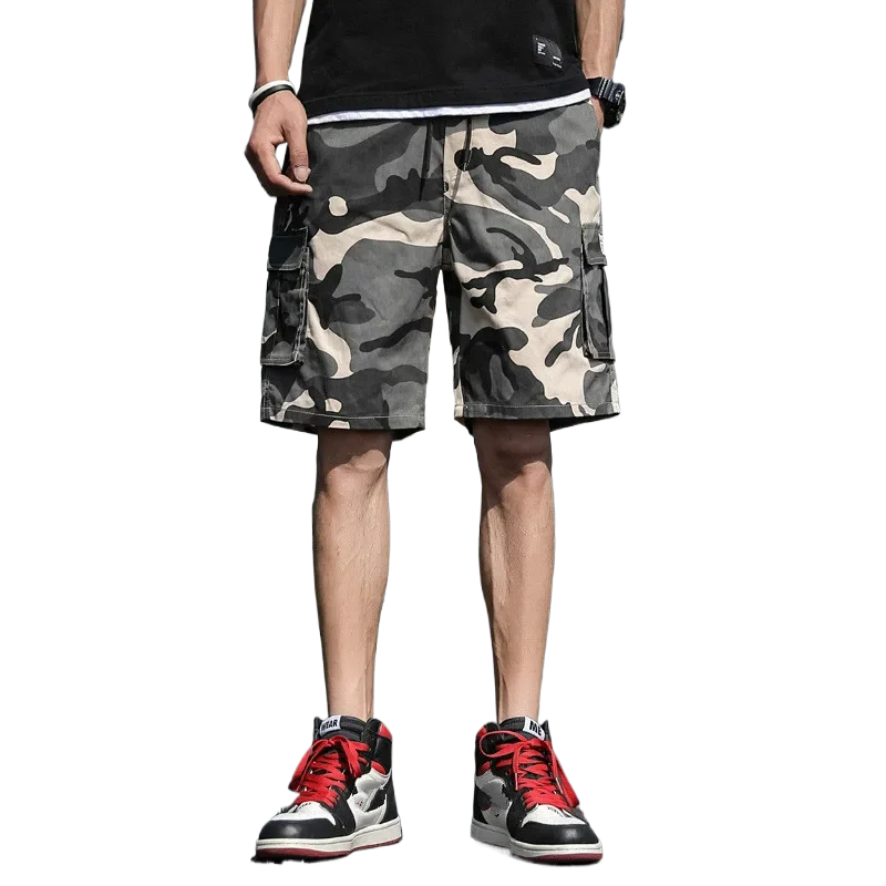 Summer Men's Outdoor Camouflage Cargo Shorts Pocket Cotton Casual Half Pants Mid Waist Drawstring Loose Shorts Bib Overalls 7XL