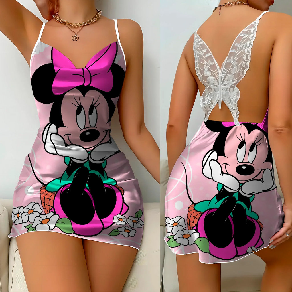 Mini Dress Pajama Skirt Bow Knot Party Dresses Satin Surface Minnie Mouse Mickey Womens Fashion Summer 2025 Elegant Women