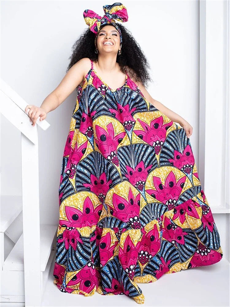 Wmstar Plus Size Dresses for Women Floral Printed Slip  Loose Stretch Big Swing Maxi Dress Summer Clothes Wholesale Dropshipping