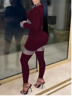 LW Plus Size Two Pieces Set Crop Top See Through Sequined Pants Set Autumn New Fashion Women's Long Sleeve Top Skinny Pants Set