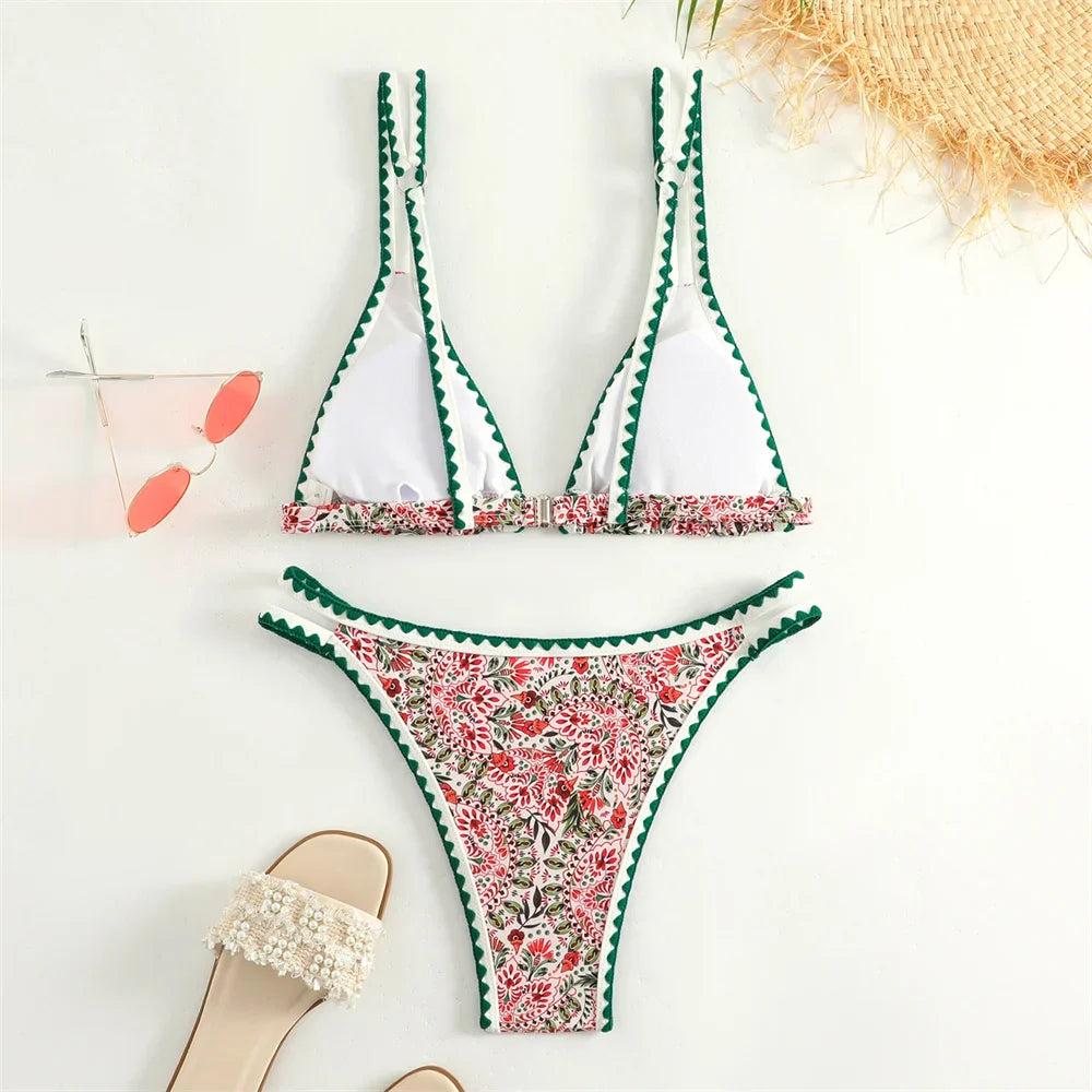 Trend Print Bikini Bordered Straps Swimsuit Thong Push Up Y2K Boho Swimwear Kawaii Women Two Piece Brazil BeachWear Bathing Suit