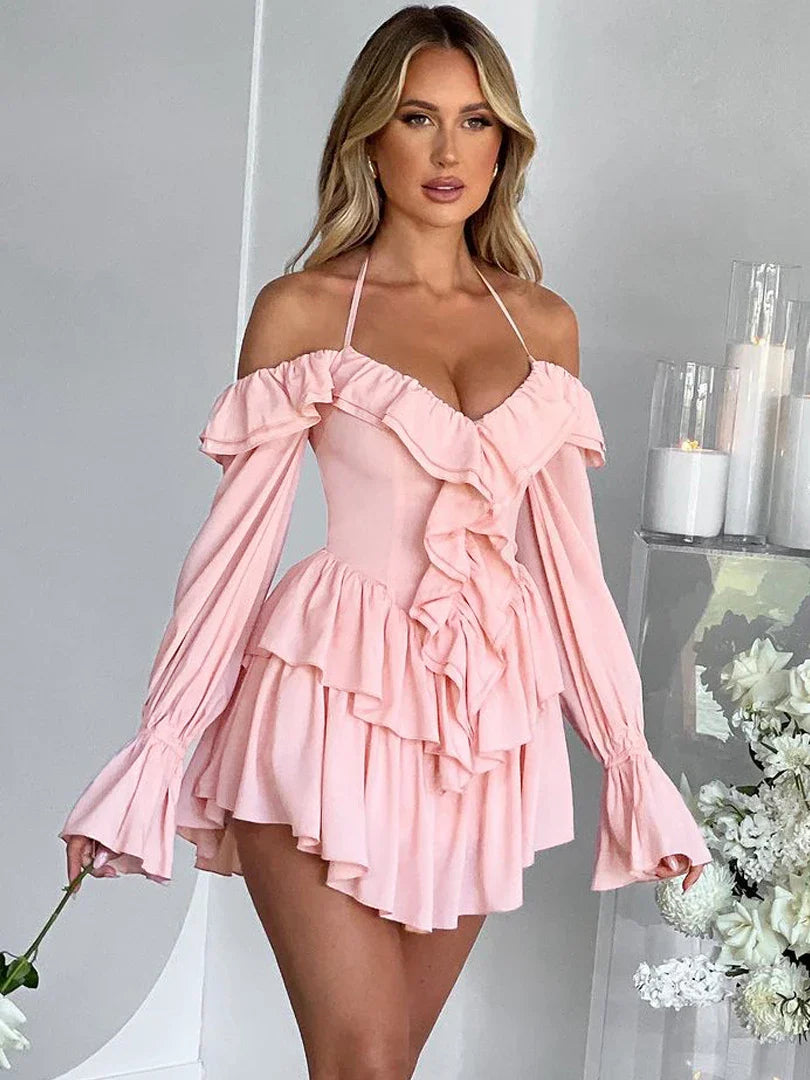 Dulzura Solid Pure Color Halter Ruffle Flare Sleeves Mini Dress 2024 Summer For Women Sexy Elegant Birthday Party Clubwear