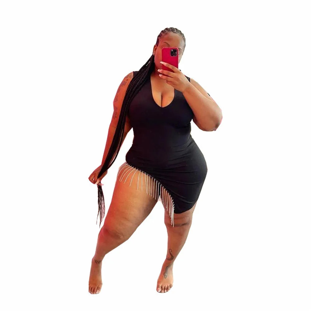 Wmstar Plus Size Dresses for Women V Neck Black Sexy Super Stretch Sleeveless Mini Dress Summer Clothes Wholesale Dropshipping