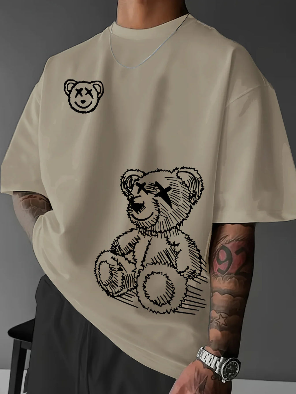 Summer men's 100% pure cotton casual sports loose and fashionable cartoon bear pattern printed round neck short sleeved T-shirt