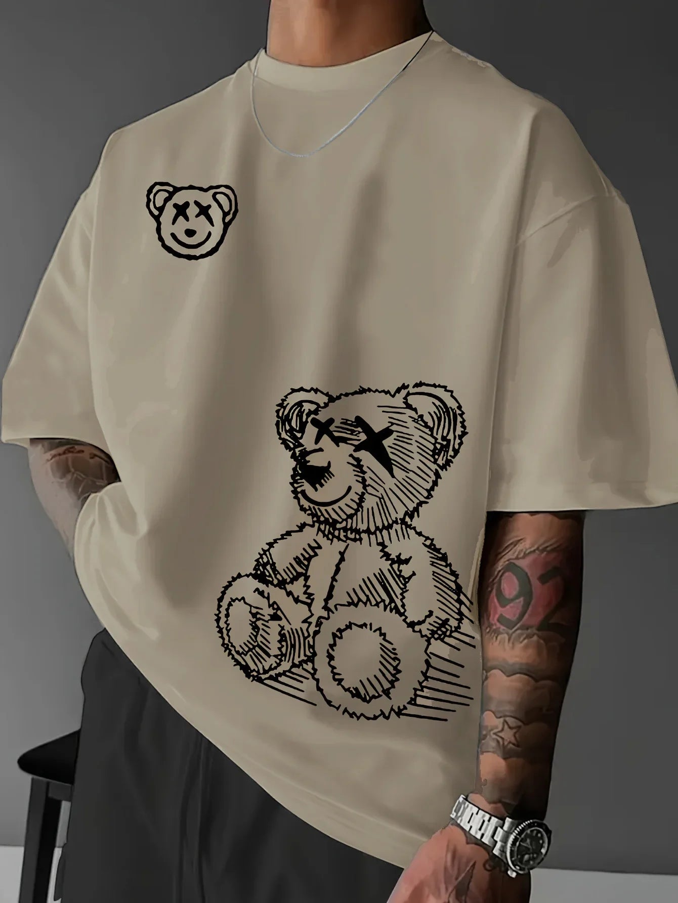 Summer men's 100% pure cotton casual sports loose and fashionable cartoon bear pattern printed round neck short sleeved T-shirt
