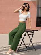 TACVASEN High Waisted Fashion Wide Leg Trousers Womens Loose Casual Long Pants Lightweight Soft Button Closure 2 Pockets Pants