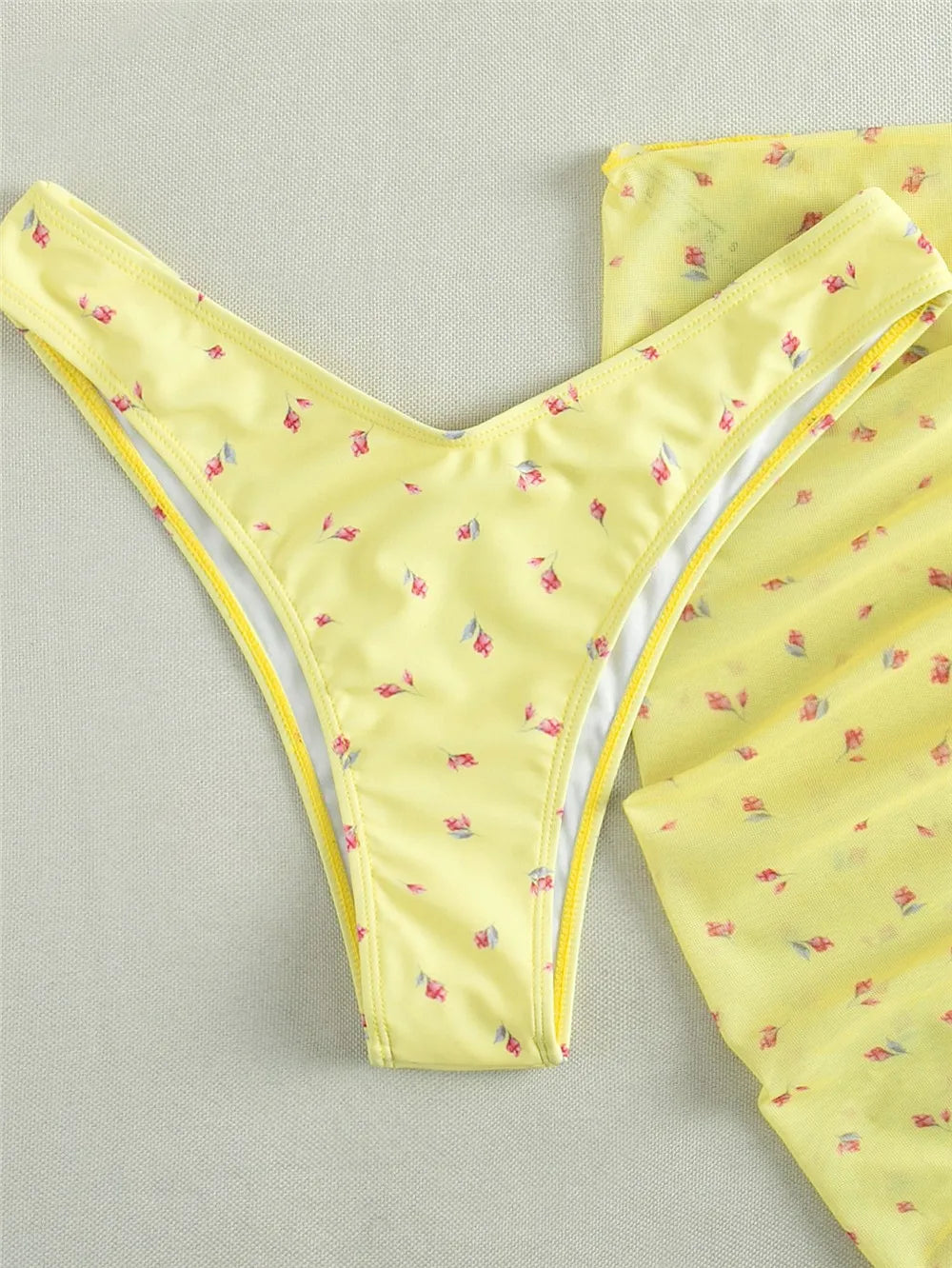 Yellow Floral Print Swimwear Mesh Cove Ups 3 Piece Bikini Set Damen Sexy Swimsuit Women 2025 Beach Wear Bikinis Swimming Wear