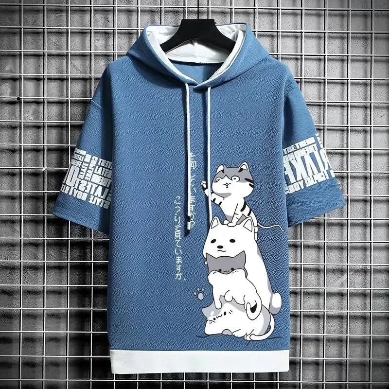 Summer T shirt Men's Hoodies Men Clothing Casual Harajuku Streetwear Print Hooded Top Short Sleeve Sweatshirts Men