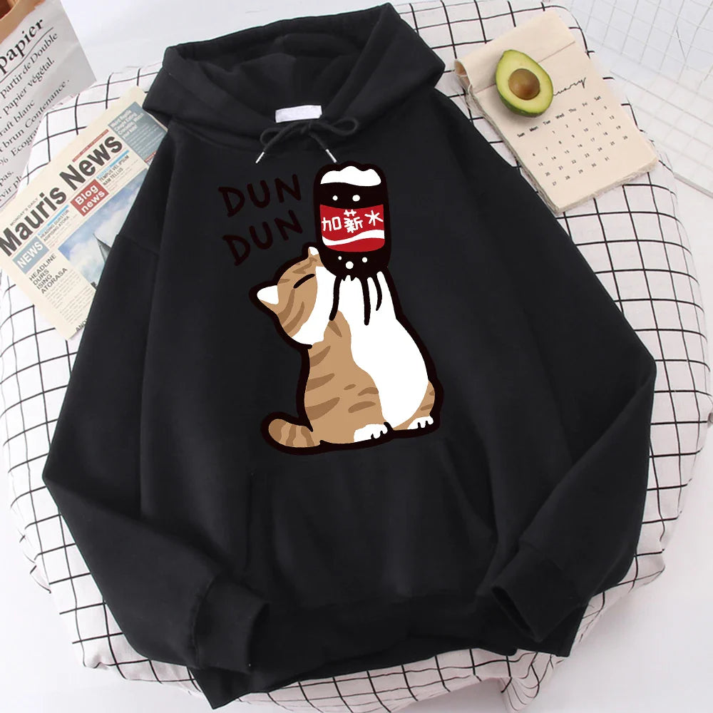 Cartoon Cat Drink Salary Increase Beverages Mens Hooded Jacket Casual Cartoon Hoodies Pleasure Sweatshirts Home Harajuku Tops
