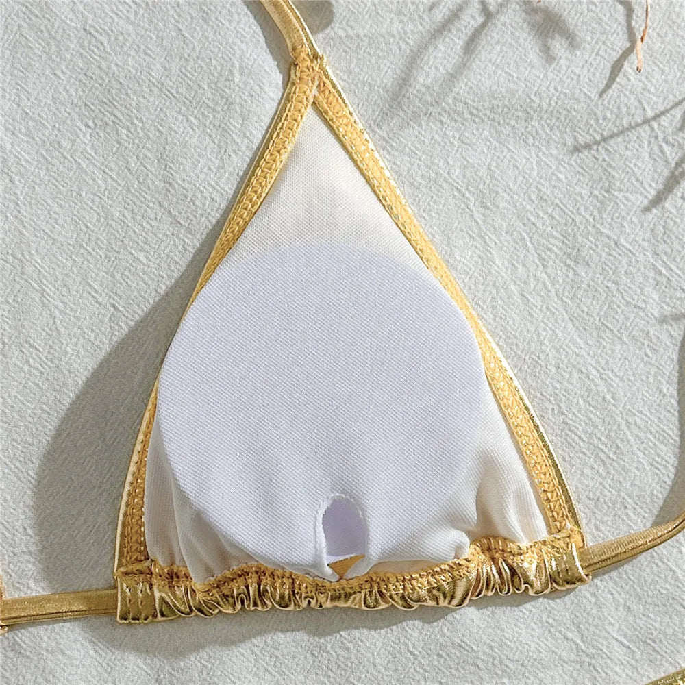 Gold Micro Thong String 3 Piece Bikini Set Damen Halter Swimwear Skirts Cover Ups Sexy Swimsuit Women 2025 Bathing Suit Bikinis