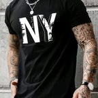 Summer men's 100% pure cotton casual loose plus size NY letter printed sports comfortable round neck short sleeved T-shirt top