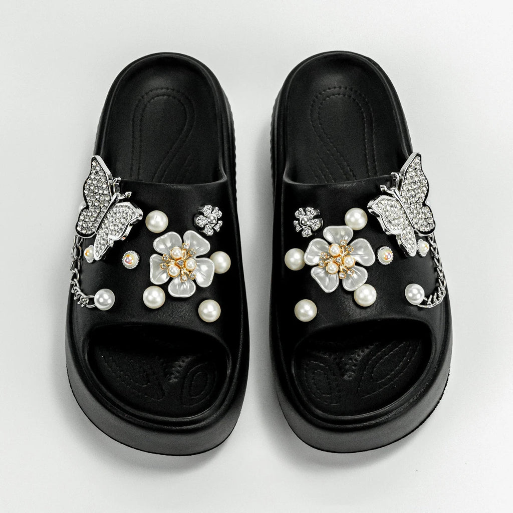 Fashionable Silver Butterfly Flower One-Line Sandals Outdoor Thick-Soled Heightening Sandals E20
