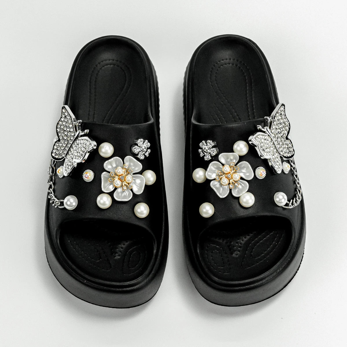 Fashionable Silver Butterfly Flower One-Line Sandals Outdoor Thick-Soled Heightening Sandals E20