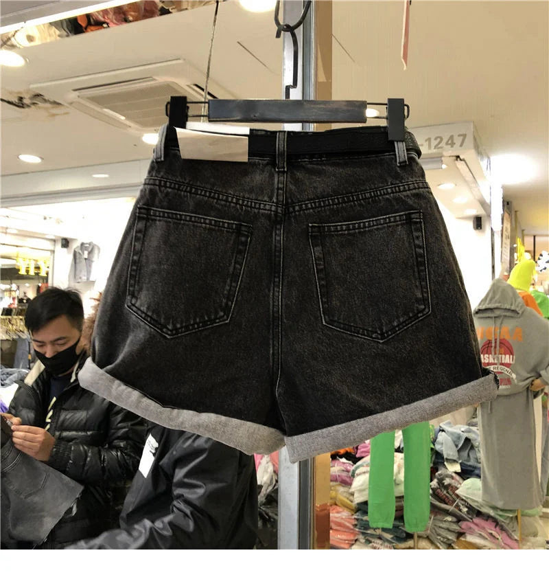 Black Gray Women Summer High-waist Slimming Outdoor Wear A- label Hot Pants Loose Cotton Shorts Urban Casual Style