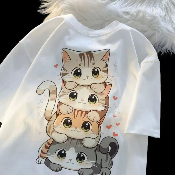 Cute Cartoon Cat Print Women's Round Neck Short Sleeved T-shirt Casual Loose Versatile Summer Tshirt