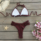 Comfortable Brazilian G-String Swimwear Bandage Stripes Trim Halter Female Bikini Set 2024 New Fashion Chest Pad Beachwear