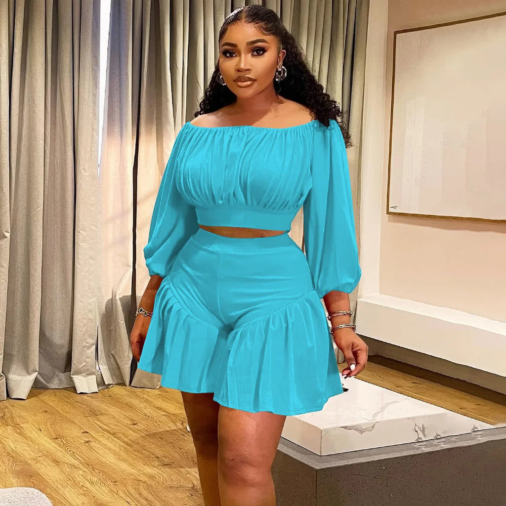 CM.YAYA Plus Size Women's Set Long Sleeve Slash Neck T-Shirt and Shorts 2025 Summer Ruched Two 2 Piece Set Outfits Tracksuit