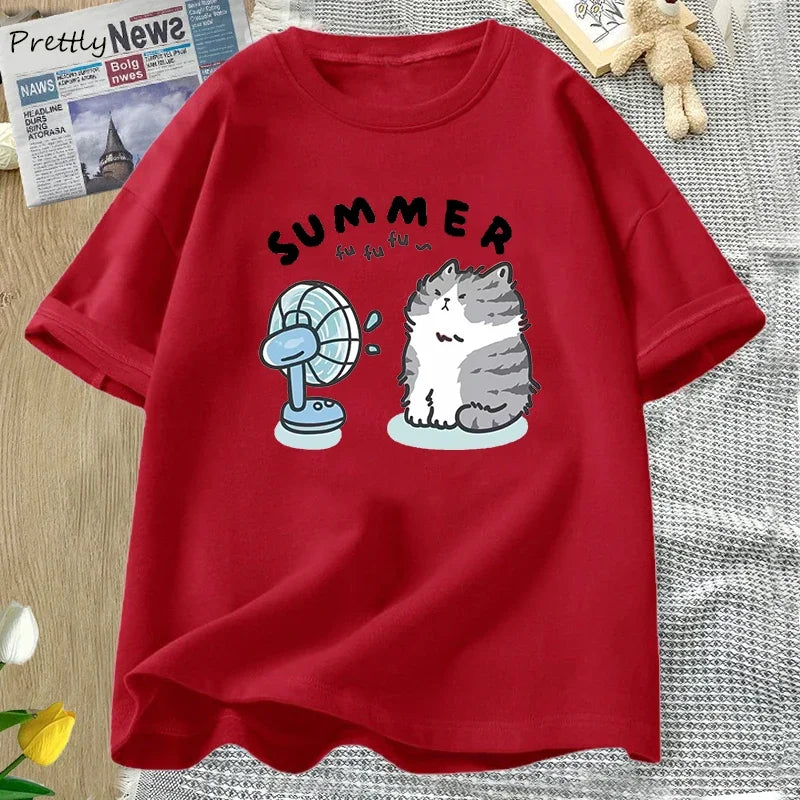 Summer Funny Cat and Fan Graphic T Shirts Women Men Cotton Short Sleeve T Shirt Harajuku Women's Clothing Female Streetwear Tops