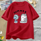 Summer Funny Cat and Fan Graphic T Shirts Women Men Cotton Short Sleeve T Shirt Harajuku Women's Clothing Female Streetwear Tops