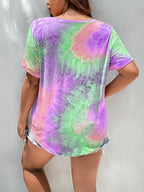 Trendy Plus Size Women's Tie-Dye V-Neck T-Shirt with Short Sleeves and Front Pocket for Casual Summer Wear