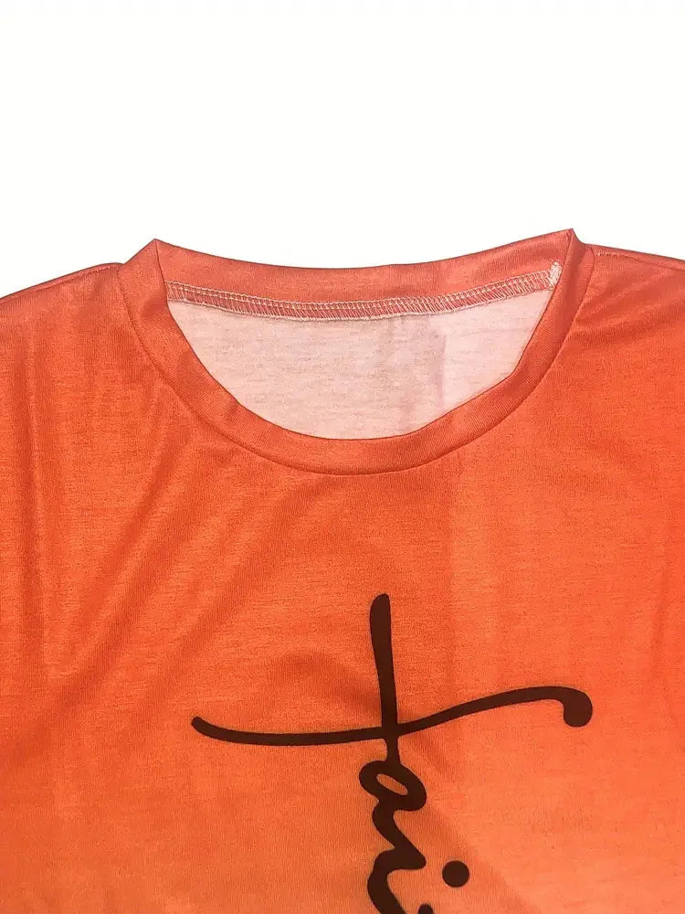 Faith Letter Print Dress, Casual Gradient Crew Neck Short Sleeve Dress, Women's Clothing