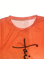 Faith Letter Print Dress, Casual Gradient Crew Neck Short Sleeve Dress, Women's Clothing