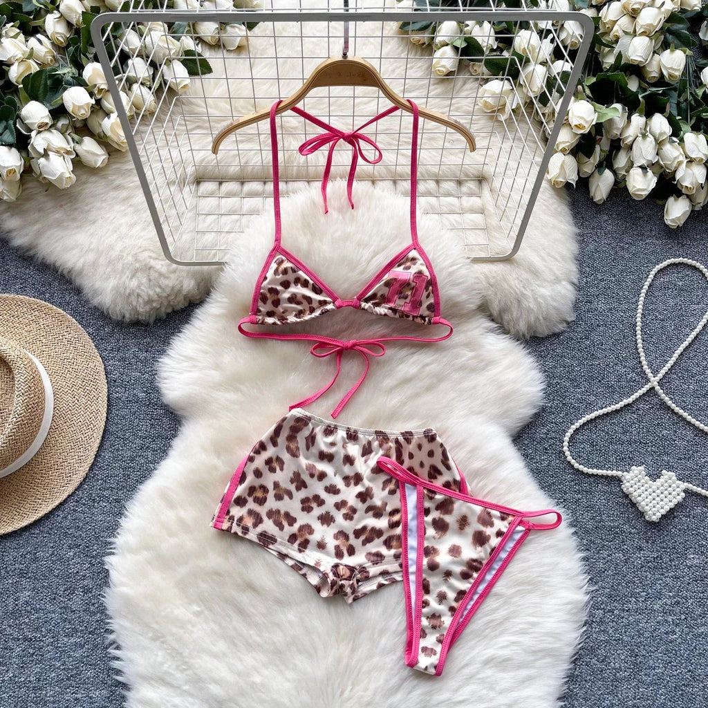 Foamlina American Pure Desire Hottie Strap Leopard Print Bikini Uniform Three-piece Suit Women's Summer Tube Top + Shorts