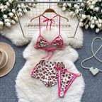 Foamlina American Pure Desire Hottie Strap Leopard Print Bikini Uniform Three-piece Suit Women's Summer Tube Top + Shorts